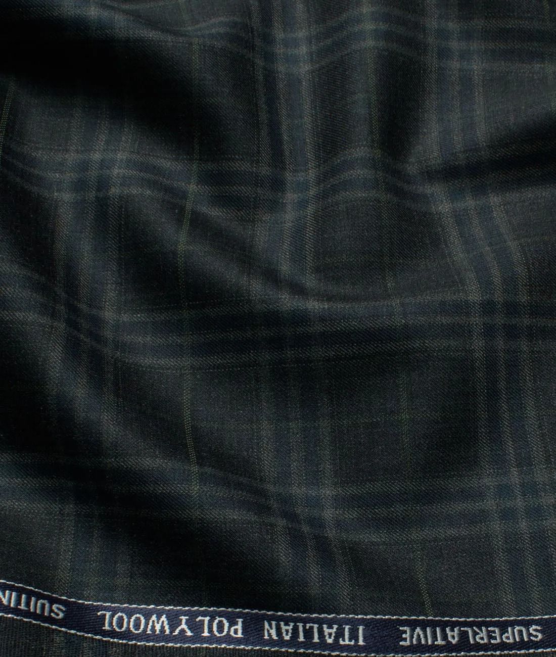 MenGÇÖs Wool Checks Super 130GÇÖs Unstitched Suiting Fabric (Dark Grey) Dark Grey base with Green, Light Grey & Firozi Blue Checks