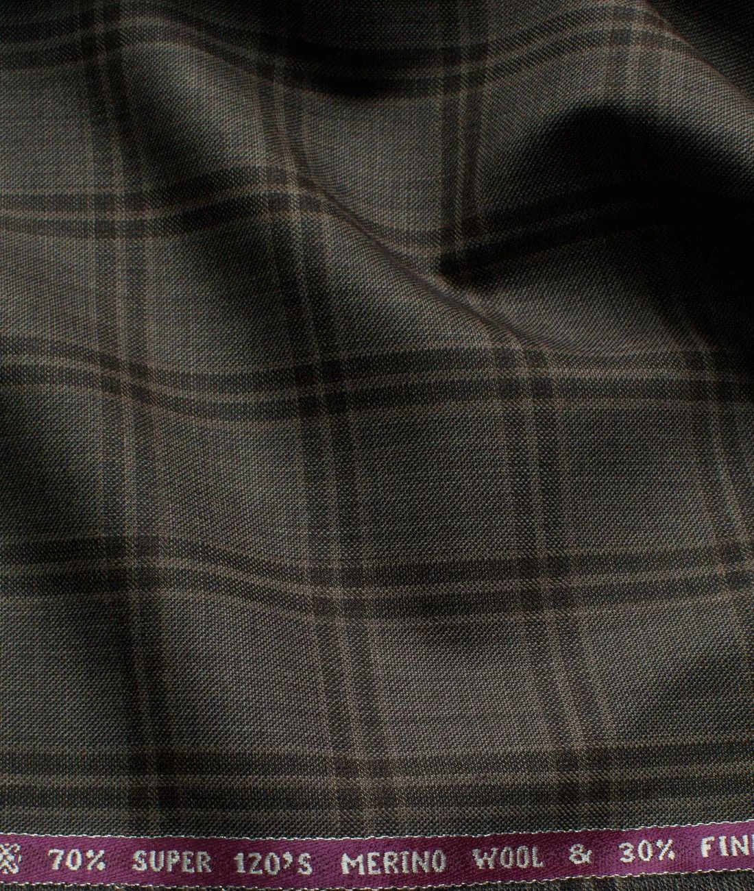 Wool Checks Super 120GÇÖs Unstitched Suiting Fabric Brown base with Black Broad Checks