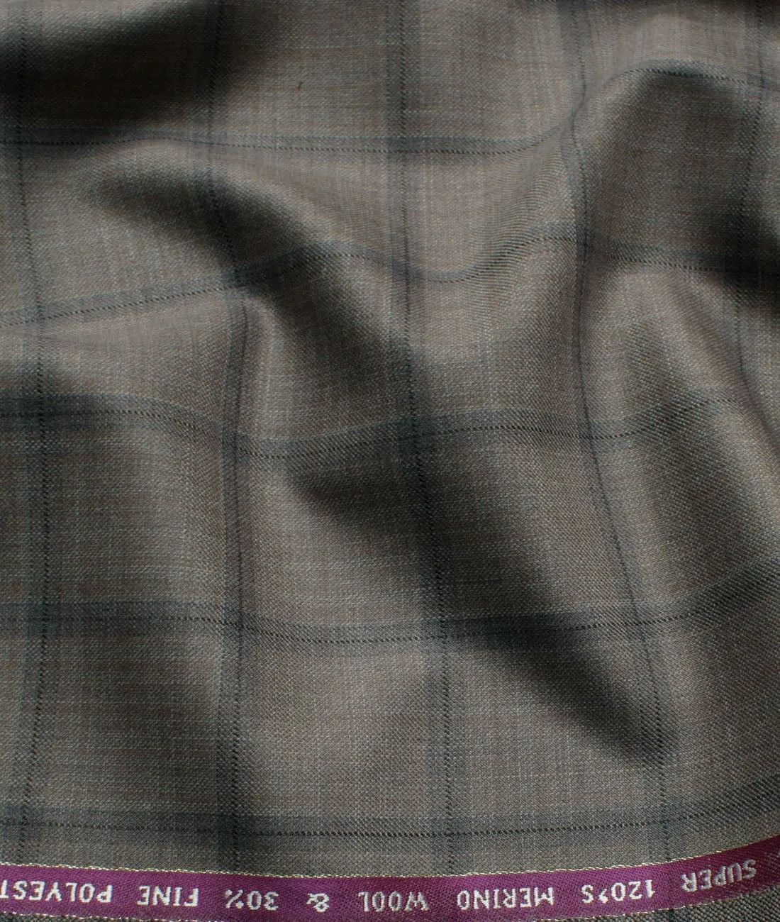 Wool Checks Super 120GÇÖs Unstitched Suiting Fabric (Light Brown) Very Fine & Soft, Light brown base with Grey and black checks