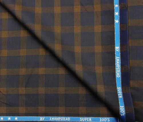 Mens Wool Checks Super 100s Unstitched Suiting Fabric (Dark Blue) Dark Blue base with Brown  Broad Checks