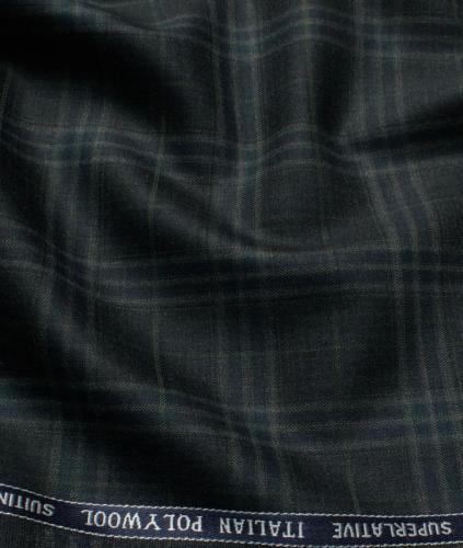 Mens Wool Checks Super 130s Unstitched Suiting Fabric (Dark Grey) Dark Grey base with Green, Light Grey  Firozi Blue Checks