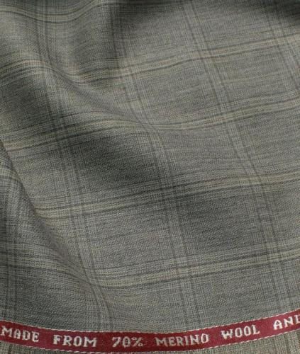 Mens Wool Checks Sustainouva Unstitched Suiting Fabric (Greyish Beige) Greyish Beige base with Self Checks