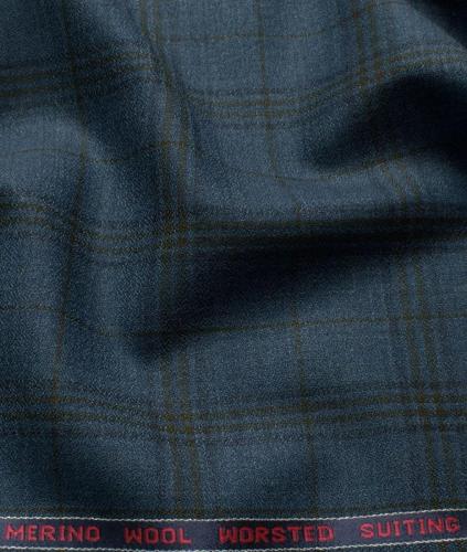 Wool Checks Super 100s Unstitched Suiting Fabric (Blue) Blue Crepe Weave base with Sea Green  Dark Blue Checks